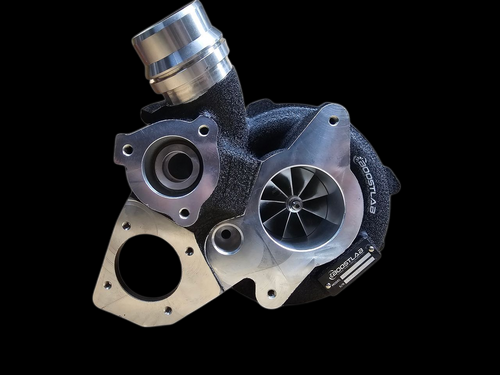 BL54XR turbocharger for Subaru WRX FA24, front angle view showing compressor wheel, inlet elbow and mounting flange
