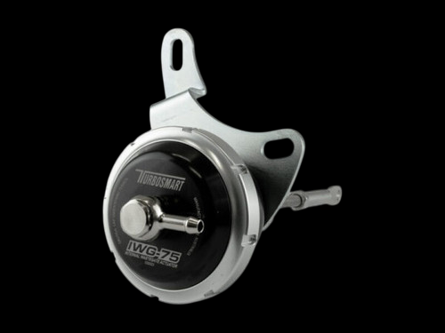 Turbosmart Can-Am X3 IWG75 7psi wastegate actuator, angled view showing mounting bracket and fitting