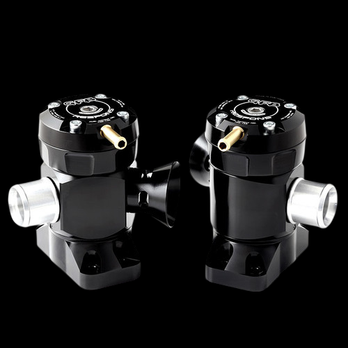 GFB Respons blow off valve kit for Kia Stinger 3.3T, two black billet valves, brass fittings, front angle view