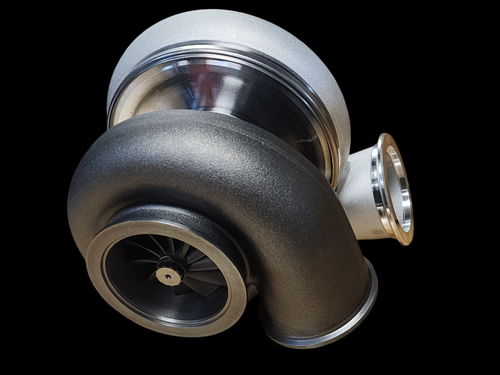 BL8685R billet turbocharger, front angle showing compressor wheel, housing, and V-band outlet flange