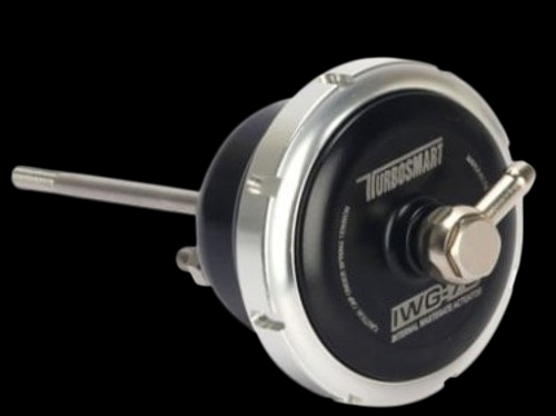 Turbosmart IWG75 black internal wastegate actuator, angled view showing rod and adjustable arm.