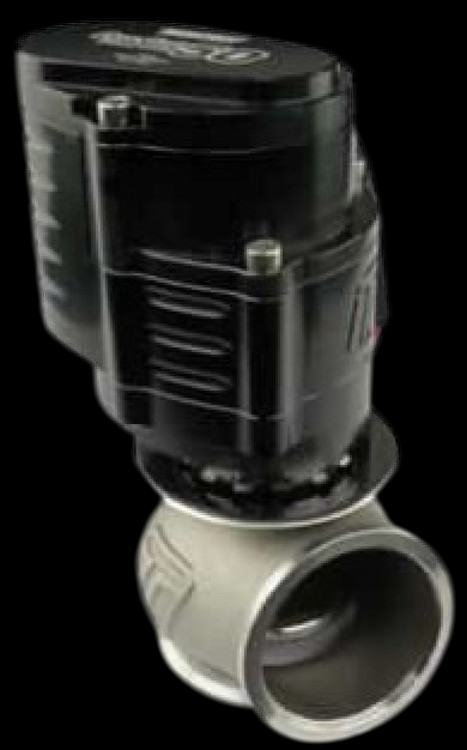Turbosmart GenV ProGate50 electronic wastegate, angled view showing black actuator and steel valve body
