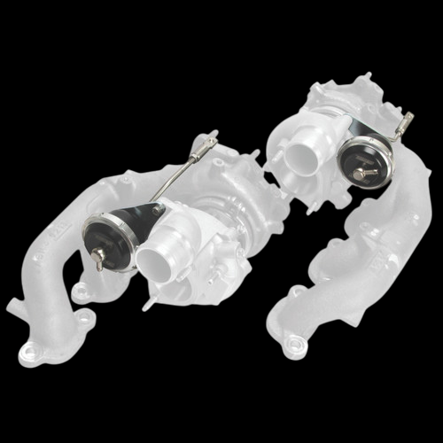 Turbosmart R35 GT-R 7 PSI internal wastegate kit, dual turbo manifolds with actuators, top angle view