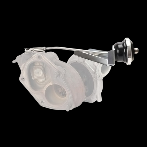 Turbosmart IWG75 black wastegate actuator with rod and clevis, mounted on ghosted turbo housing