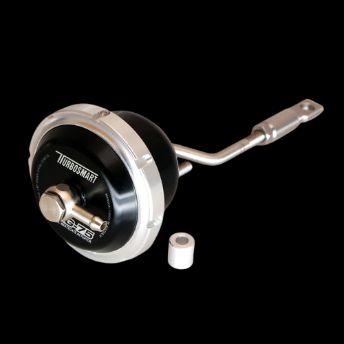 Turbosmart IWG75 wastegate actuator, black canister, silver rod and bracket, angled side view