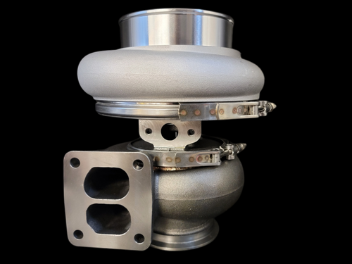 BL8888S Billet Turbocharger, front angle showing T4 twin scroll flange, compressor housing and V-band clamp