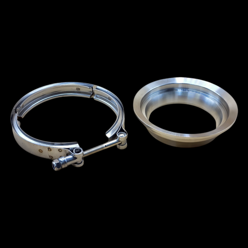 BL S400SX4 outlet flange and V-band clamp kit, 5 to 4 inch reducer, polished stainless steel.
