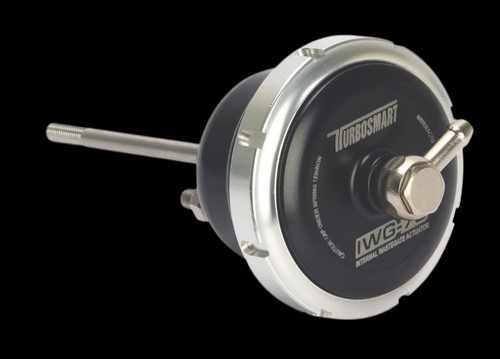 Turbosmart IWG75 black wastegate actuator, angled view showing threaded rod, clevis, and mounting hardware