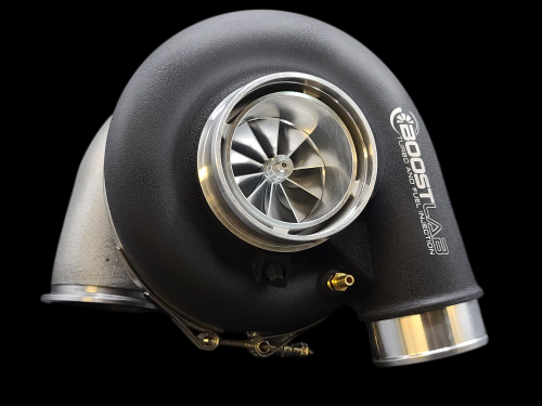BL73XR turbocharger, front angle view showing billet compressor wheel, black housing and oil fittings