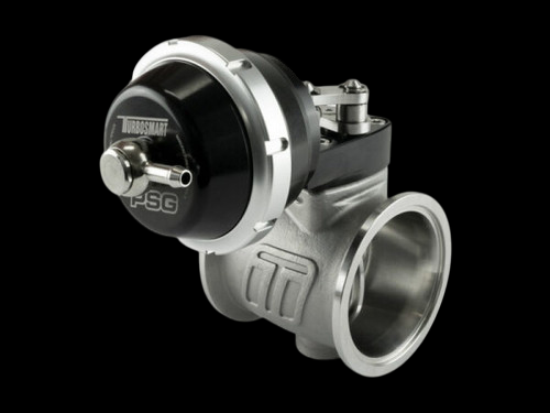 Turbosmart PSG50V wastegate, black actuator top with silver clamps, angled side view showing flanged outlet