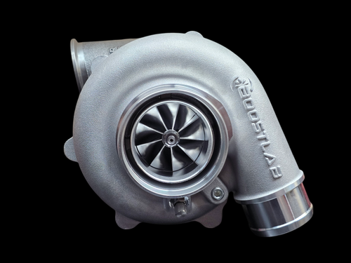 BoostLab BL54XR+ 660HP billet turbocharger, front angle view showing compressor wheel and red-tipped inlet