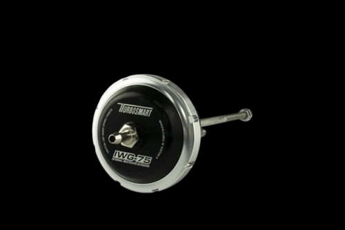 Turbosmart IWG75 black internal wastegate actuator, front view, chrome rod arm and diaphragm housing visible