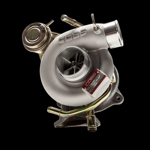 Cobb TD05H-20G-8 turbocharger, front angled view showing compressor wheel, actuator, and brass fittings