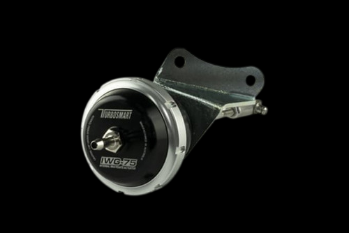 Turbosmart IWG75 black internal wastegate, front angle view with mounting bracket and actuator arm