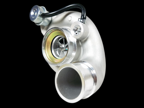 HE351CW turbocharger side view showing compressor housing, wastegate actuator, and outlet pipe