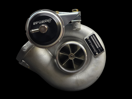 Boost Lab RB450 Turbo Upgrade for RB25DET, angled view showing compressor wheel and wastegate actuator