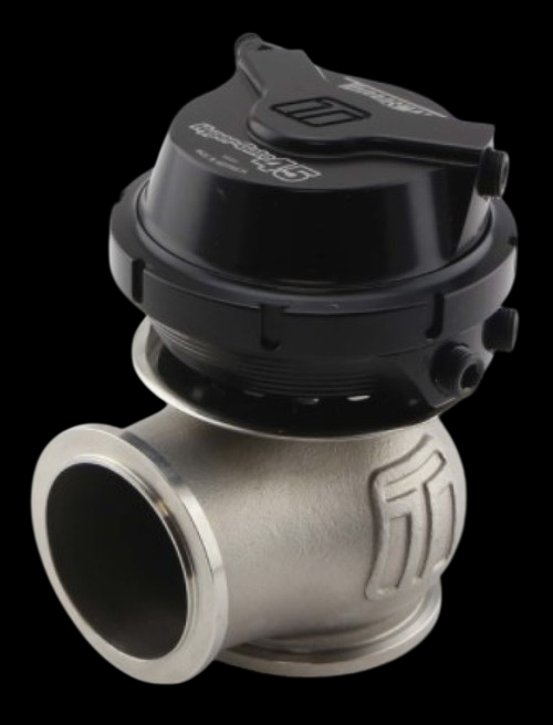 Turbosmart WG45 Hyper-Gate 45 external wastegate, black actuator top, angled side view showing V-band flanges