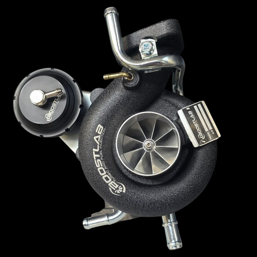 Boost Lab BL58XR turbo for Subaru, front angle showing compressor wheel, wastegate, and fittings.
