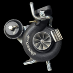 Boost Lab BL58XR turbo for Subaru, front angle showing compressor wheel, wastegate, and fittings.