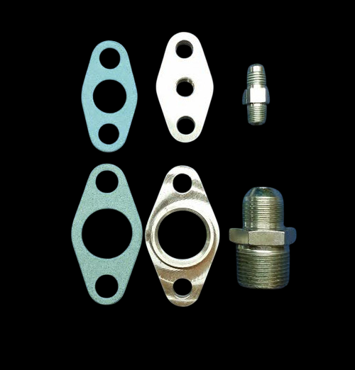 BL T6/Large Frame Turbo Oil Fitting Kit showing gaskets, oil drain flange, and NPT fittings on black background