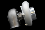 BL6762X billet turbocharger, side view showing compressor housing, turbine inlet, and center bearing flange