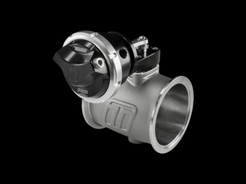 Turbosmart PSG76 Pneumatic Straight Gate 6psi in black, angled view showing actuator, billet clamp and inlet flange