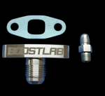 BL T3/T4 turbo oil fitting kit, billet drain flange with gasket and AN adapter fitting shown separately