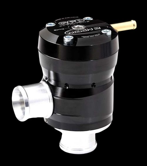 GFB Mach 2 TMS diverter valve, black anodized body with two aluminum inlet and outlet ports and brass fitting on top.