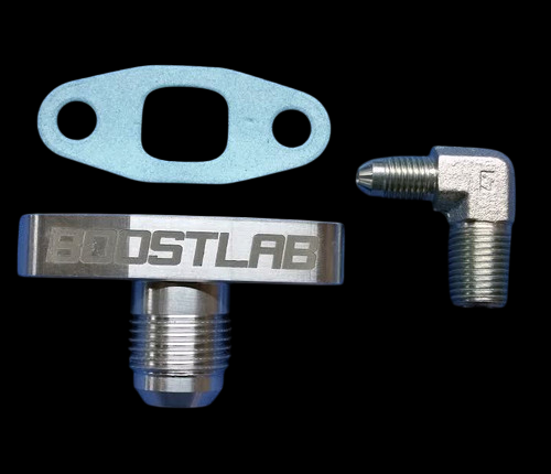 BoostLab T3/T4 turbo oil fitting kit, showing gasket, billet -10AN drain flange, and 90 degree fitting