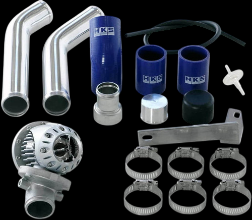 HKS SSQV4 BOV kit for Evo 10, polished aluminum pipes, blue silicone couplers, hardware and clamps laid out