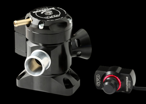GFB Deceptor Pro II blow off valve, black body with brass inlet, plus separate dial controller unit