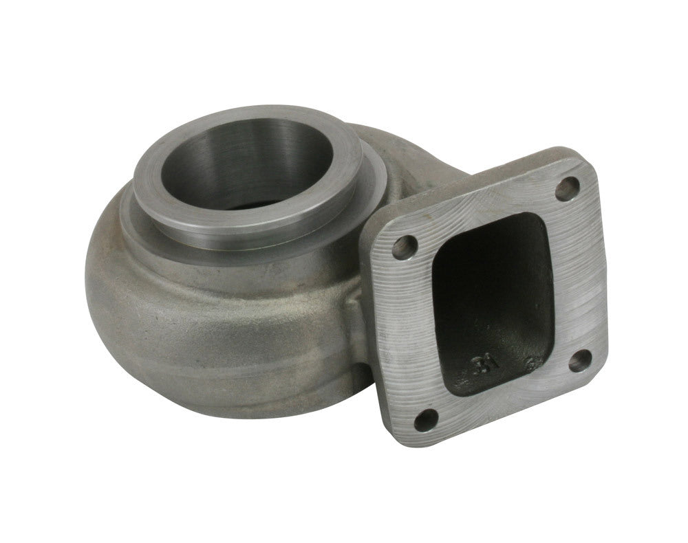 Borg Warner S300SX3 turbine housing, T4 flange with round volute, cast metal finish, angled 3/4 view
