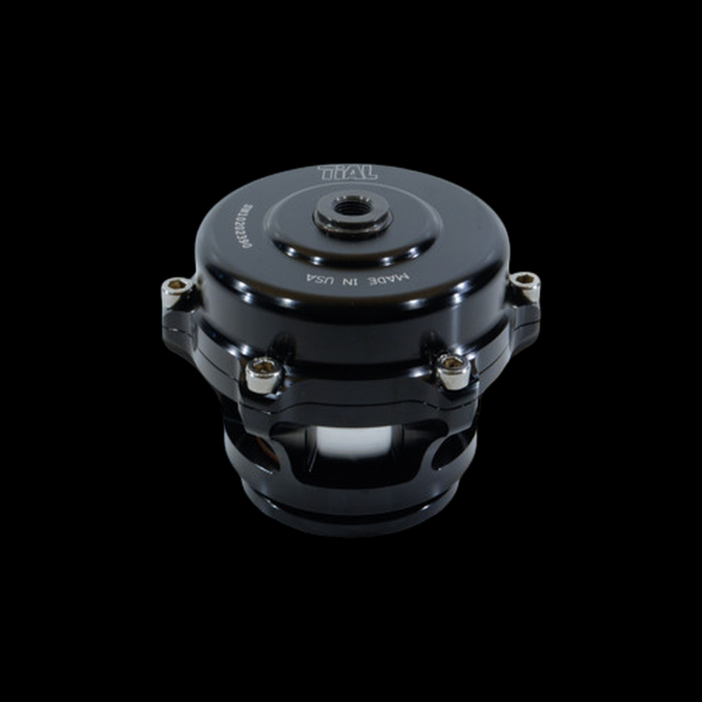 TiAL Sport Q BOV 10 PSI Spring in black, front view showing top cap, mounting bolts and outlet flange
