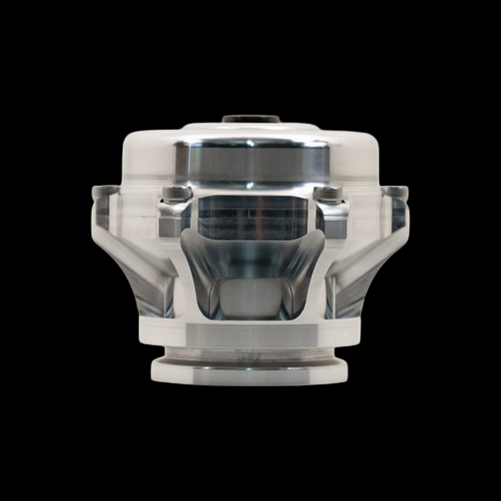 TiAL Sport Q BOV 10 PSI silver blow off valve, front view showing bolts, base flange and internal piston