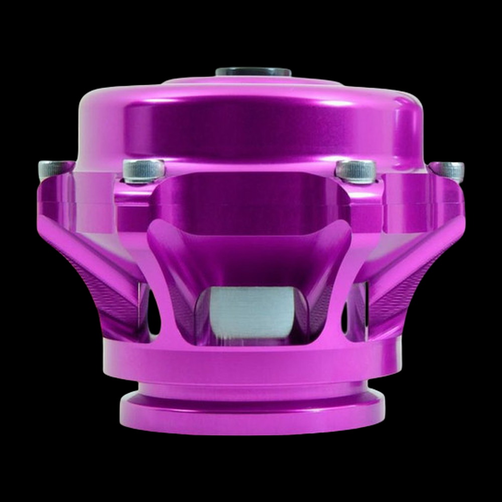 TiAL Sport Q BOV in purple, front view showing dome body, mounting bolts, and inlet flange with visible spring housing.