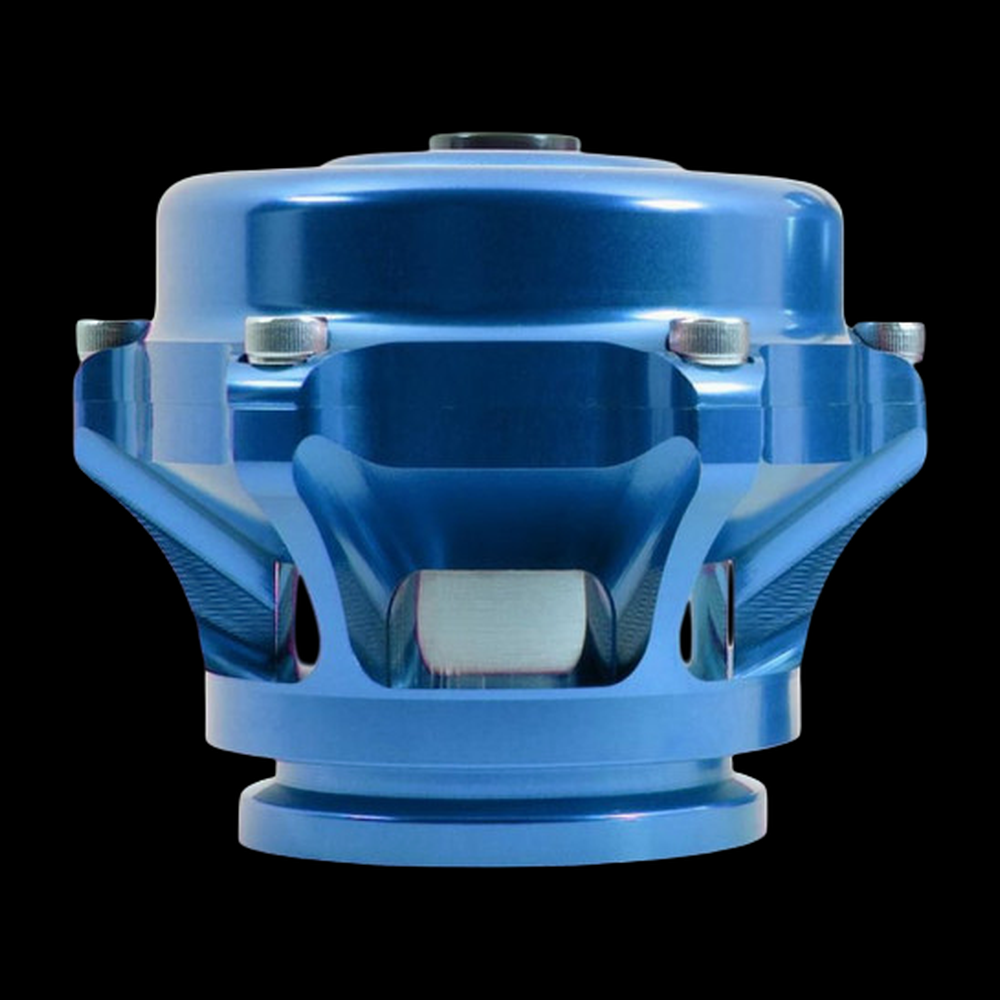 TiAL Sport Q BOV in blue, front view showing bolted flange, weep holes, and center valve piston