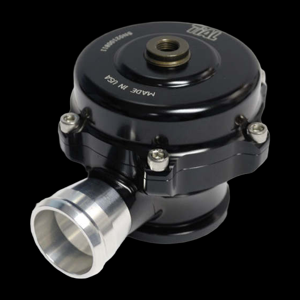 TiAL Sport QR BOV 34mm blow off valve in black, angled view showing clamp bolts and polished inlet flange