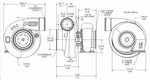 Xona XR 8269S X3C turbo technical diagram, front, side and rear views with dimensions and port labels